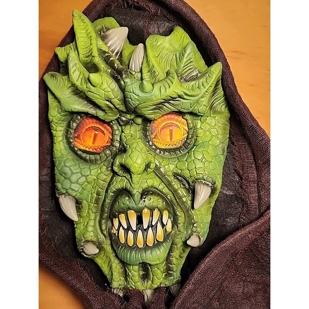 Vintage Holographic Green Demon Face Mask Costume Scary Halloween Mask